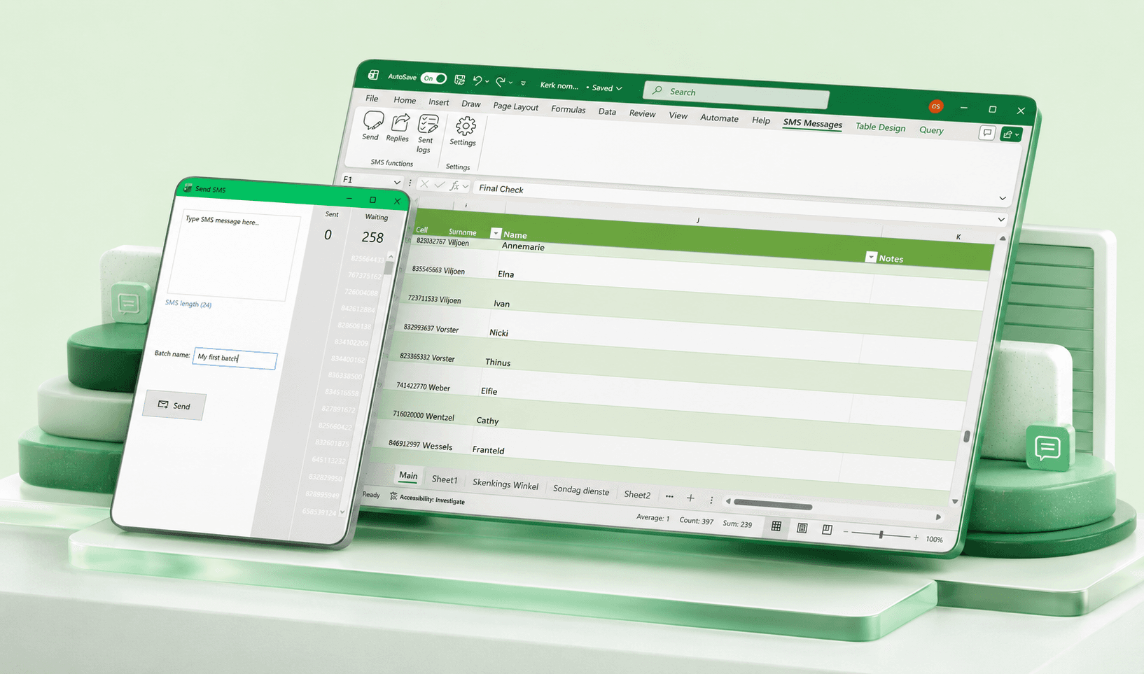 BlinkLink SMS add-in running inside Microsoft Excel